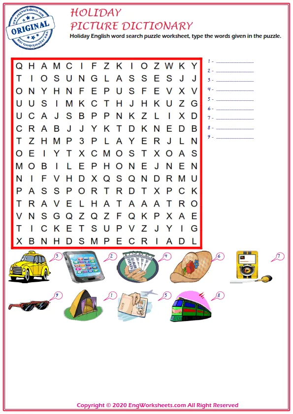 Holiday English word search puzzle worksheet, type the words given in the puzzle. Worksheet Preview