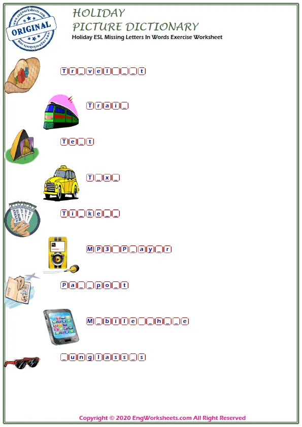 Holiday ESL Missing Letters In Words Exercise Worksheet Worksheet Preview