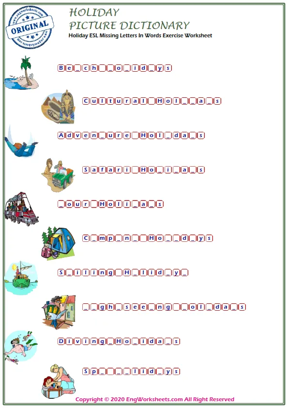 Holiday ESL Missing Letters In Words Exercise Worksheet