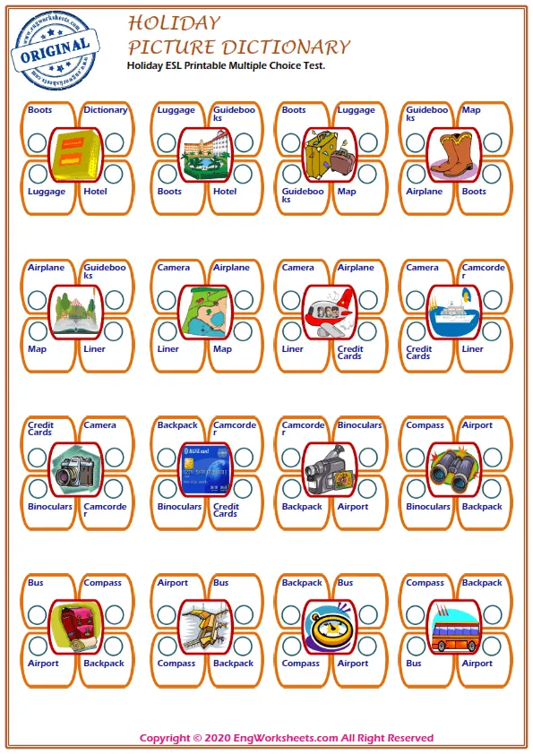 Holiday ESL Printable Multiple Choice Test.