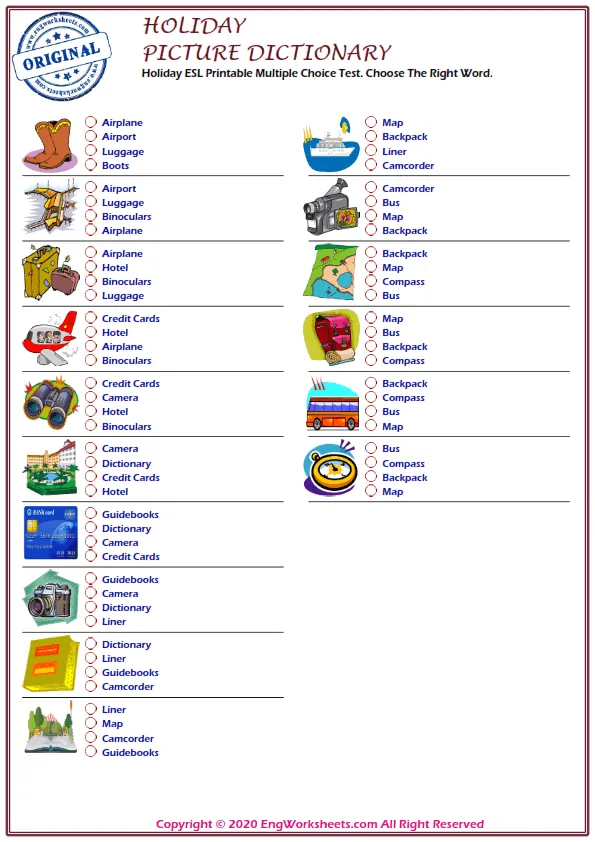 Holiday ESL Printable Multiple Choice Test. Choose The Right Word.