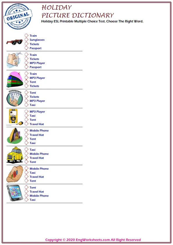 Holiday ESL Printable Multiple Choice Test. Choose The Right Word. Worksheet Preview