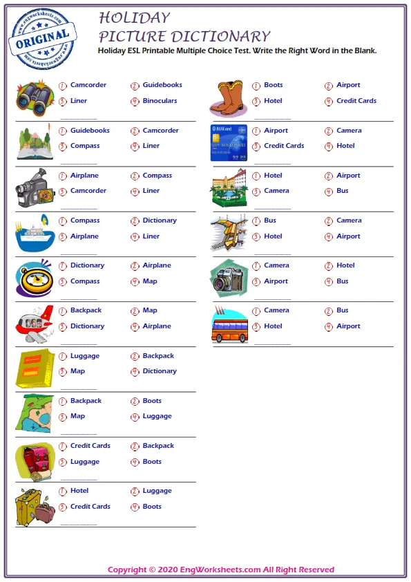 Holiday ESL Printable Multiple Choice Test. Write the Right Word in the Blank.