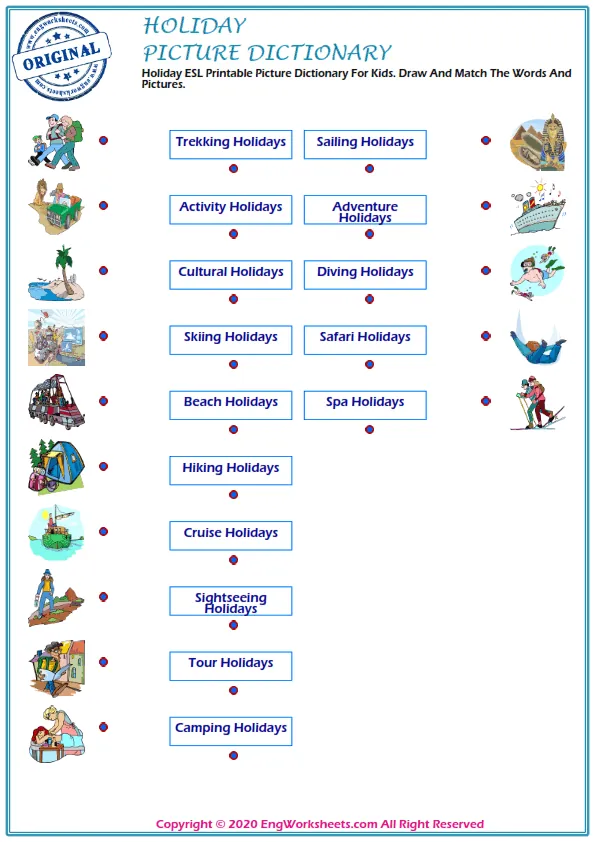 Holiday ESL Printable Picture Dictionary For Kids. Draw And Match The Words And Pictures.