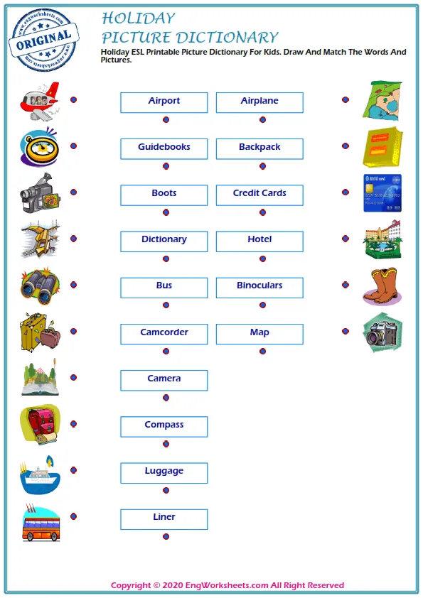 Holiday ESL Printable Picture Dictionary For Kids. Draw And Match The Words And Pictures.