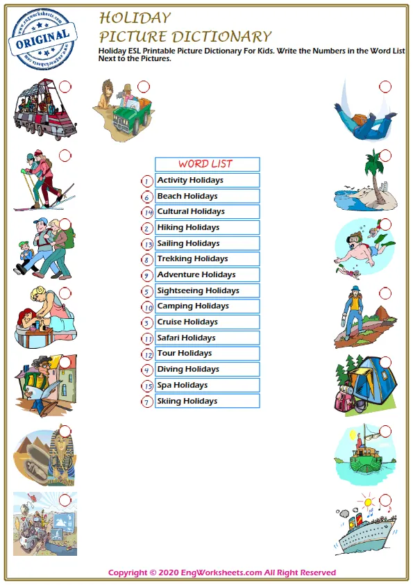 Holiday ESL Printable Picture Dictionary For Kids. Write the Numbers in the Word List Next to the Pictures.