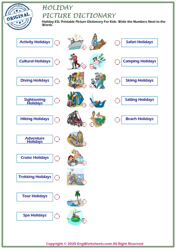 Holiday ESL Printable Picture Dictionary For Kids. Write the Numbers Next to the Words.