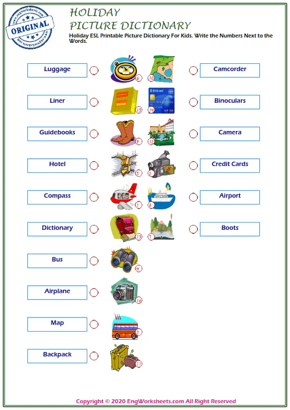 Holiday ESL Printable Picture Dictionary For Kids. Write the Numbers Next to the Words.