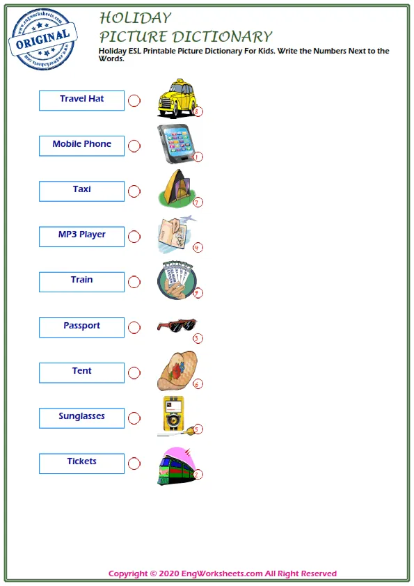 Holiday ESL Printable Picture Dictionary For Kids. Write the Numbers Next to the Words. Worksheet Preview