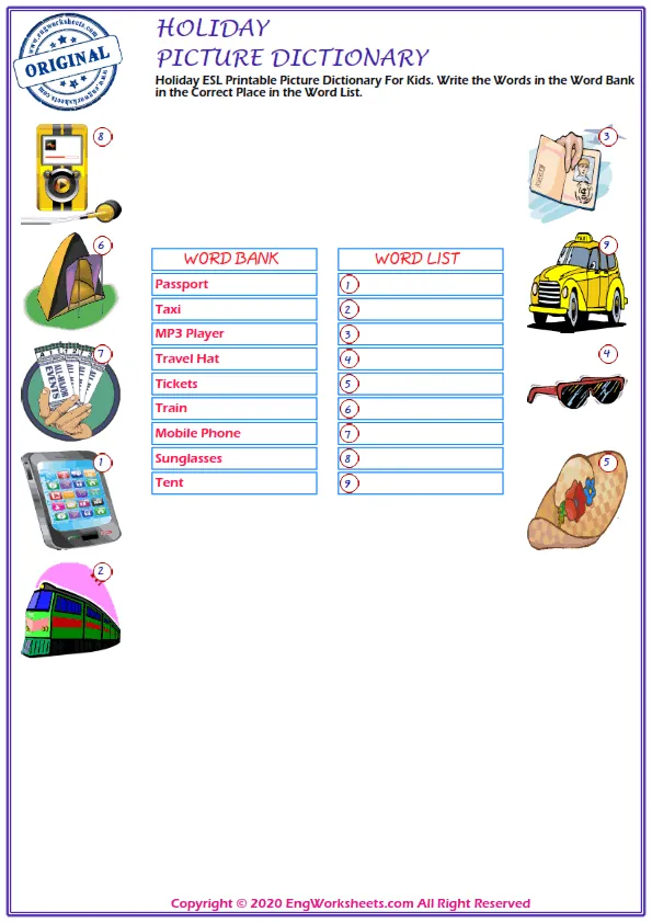 Holiday ESL Printable Picture Dictionary For Kids. Write the Words in the Word Bank in the Correct Place in the Word List. Worksheet Preview