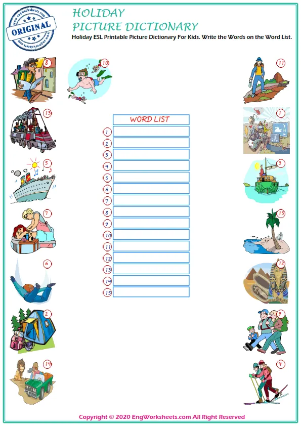 Holiday ESL Printable Picture Dictionary For Kids. Write the Words on the Word List.