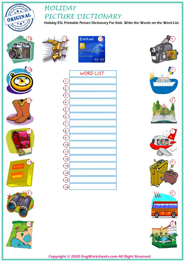 Holiday ESL Printable Picture Dictionary For Kids. Write the Words on the Word List.
