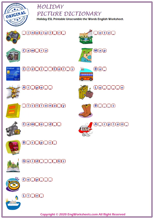 Holiday ESL Printable Unscramble the Words English Worksheet.