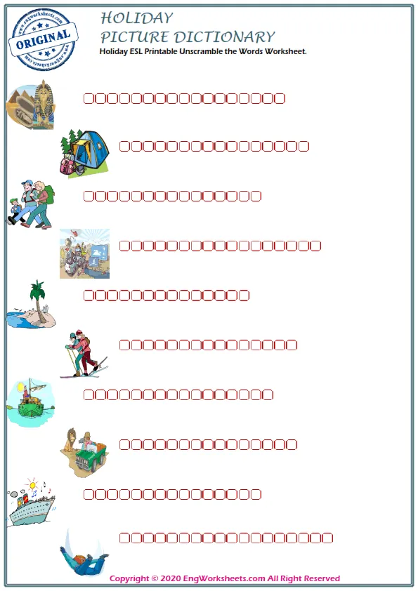 Holiday ESL Printable Unscramble the Words Worksheet.