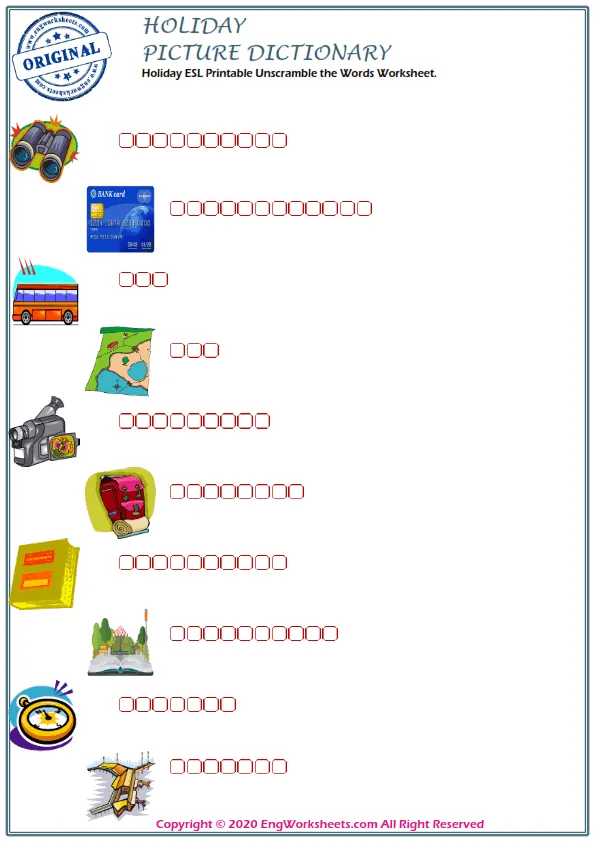 Holiday ESL Printable Unscramble the Words Worksheet.
