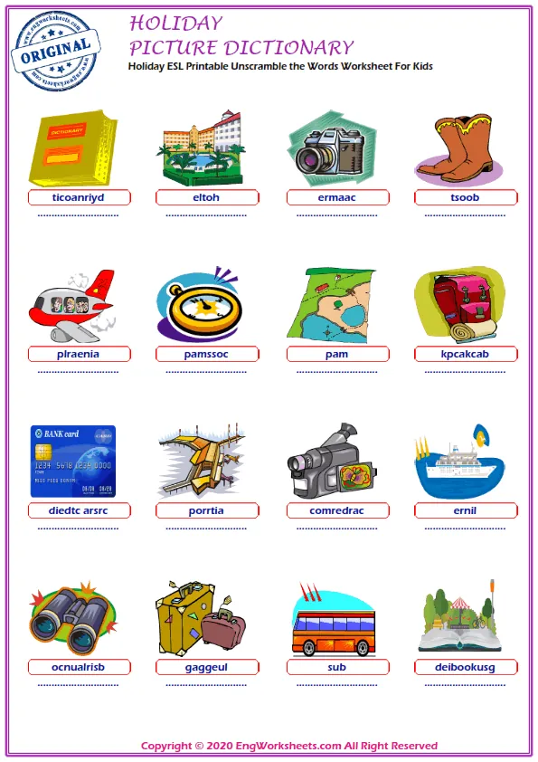 Holiday ESL Printable Unscramble the Words Worksheet For Kids