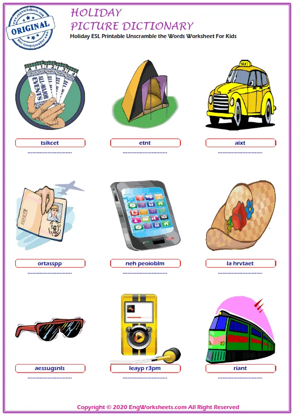 Holiday ESL Printable Unscramble the Words Worksheet For Kids Worksheet Preview