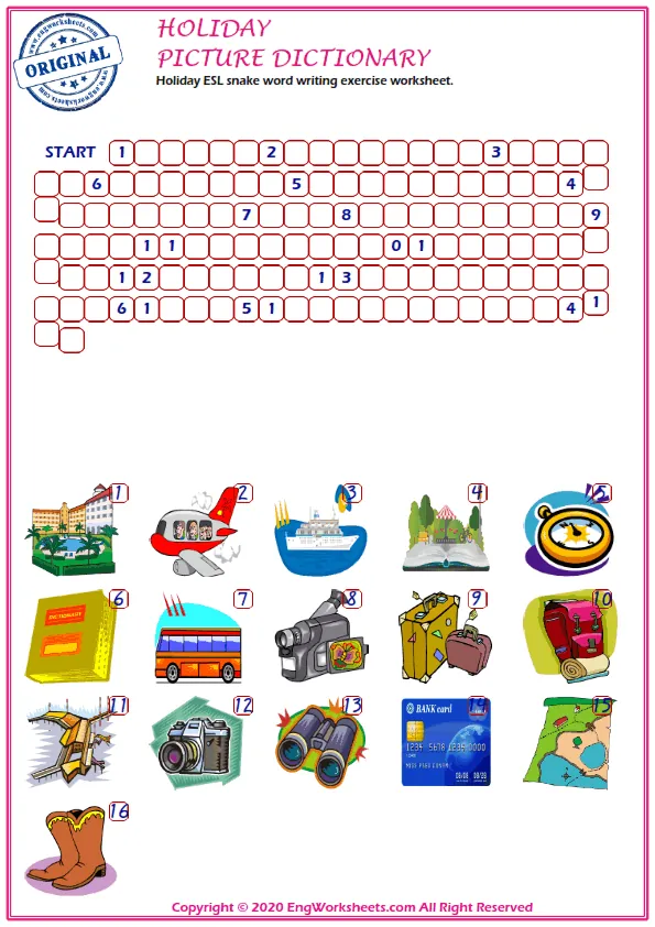 Holiday ESL snake word writing exercise worksheet.
