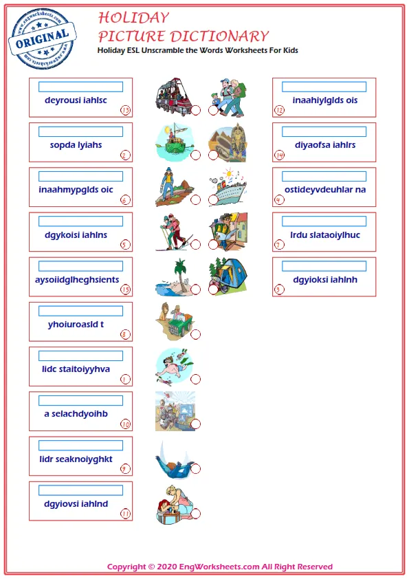 Holiday ESL Unscramble the Words Worksheets For Kids
