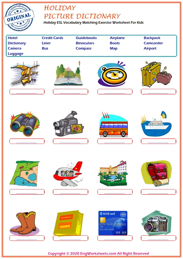 Holiday ESL Vocabulary Matching Exercise Worksheet For Kids