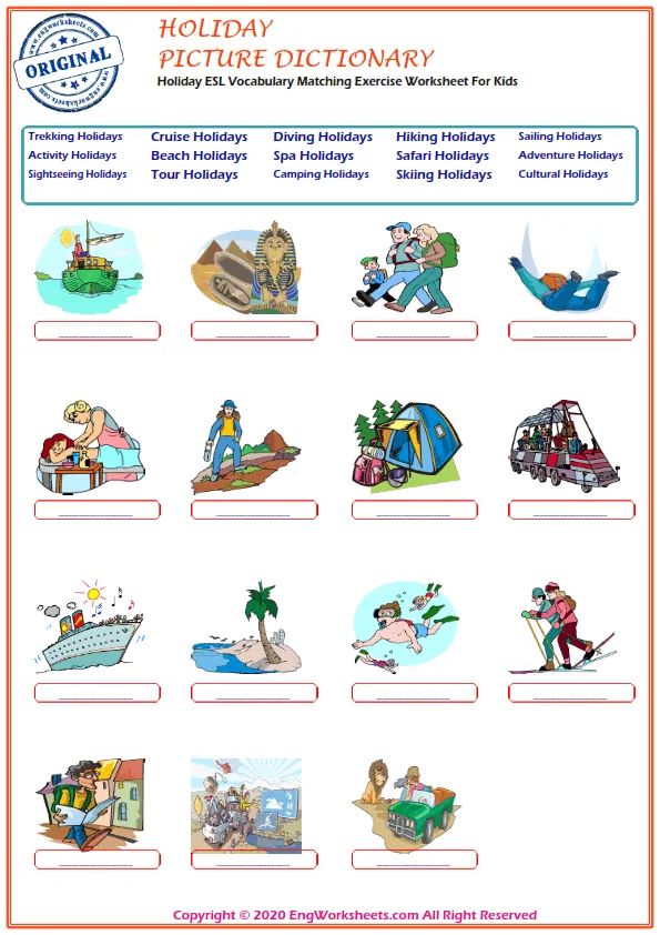 Holiday ESL Vocabulary Matching Exercise Worksheet For Kids