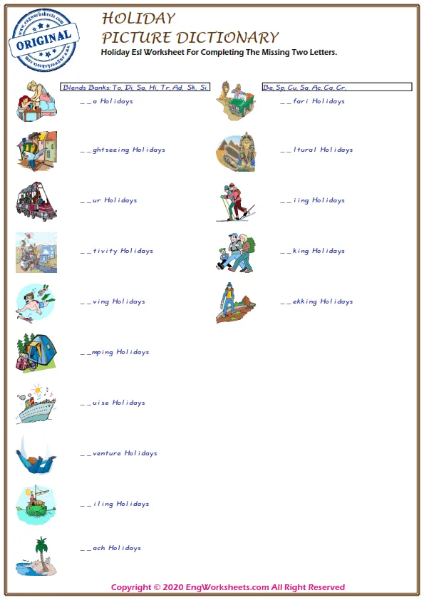 Holiday Esl Worksheet For Completing The Missing Two Letters.