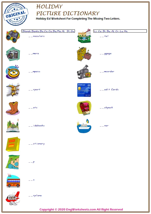 Holiday Esl Worksheet For Completing The Missing Two Letters.