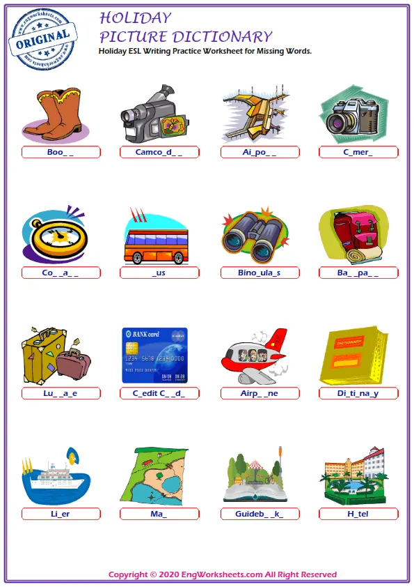 Holiday ESL Writing Practice Worksheet for Missing Words.