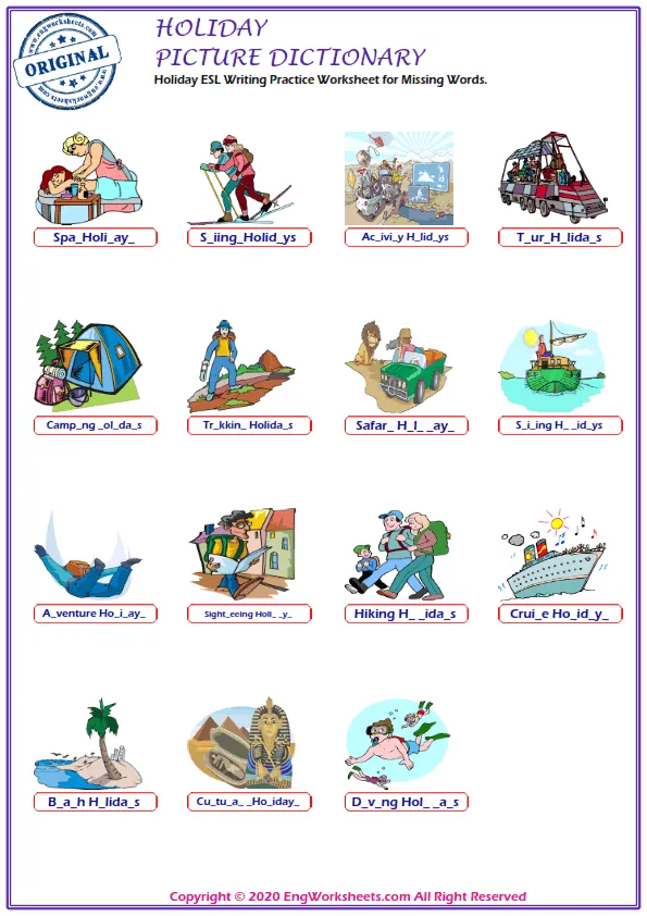 Holiday ESL Writing Practice Worksheet for Missing Words.