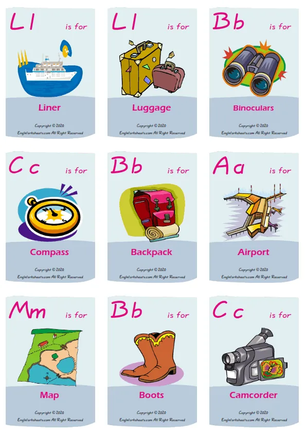 Holiday vocabulary worksheet with words, nine images per page