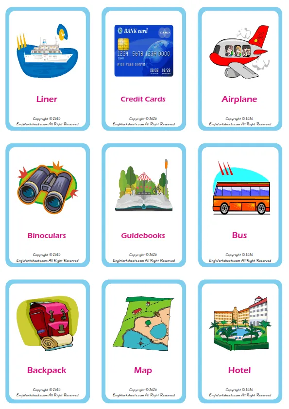 Holiday vocabulary worksheet with words, nine images per page