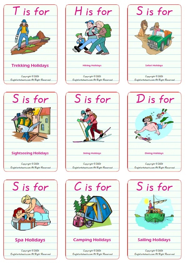Holiday vocabulary worksheet with words, nine images per page
