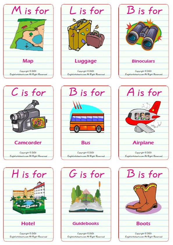 Holiday vocabulary worksheet with words, nine images per page