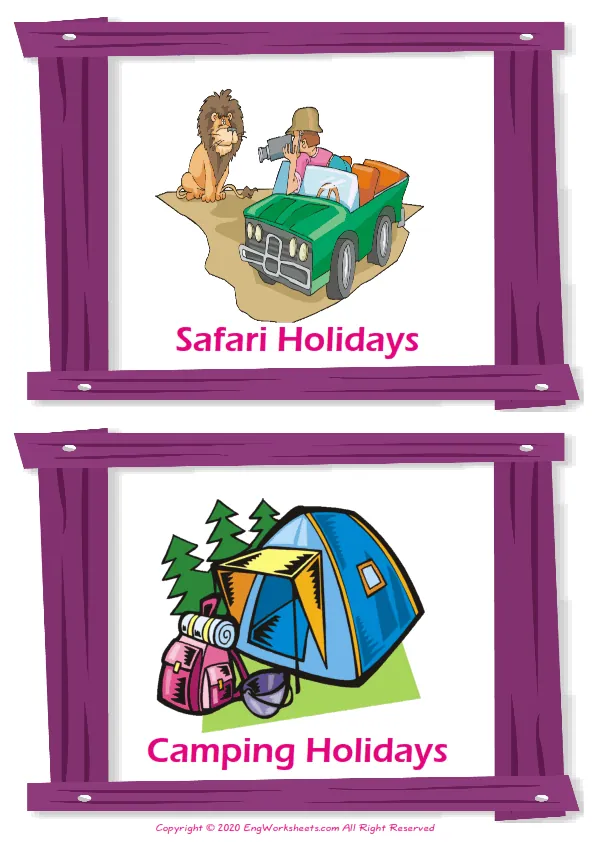 Holiday vocabulary worksheet with words, two images per page