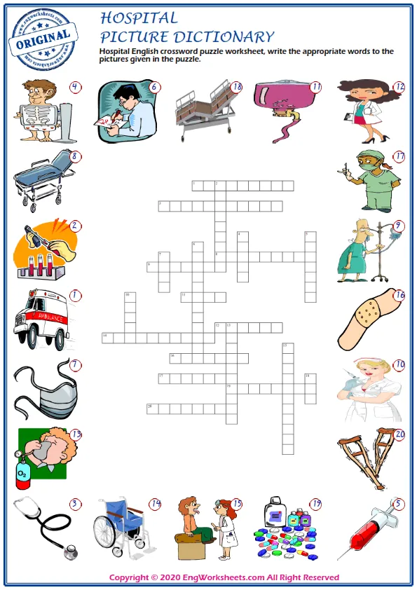 Hospital English crossword puzzle worksheet, write the appropriate words to the pictures given in the puzzle.