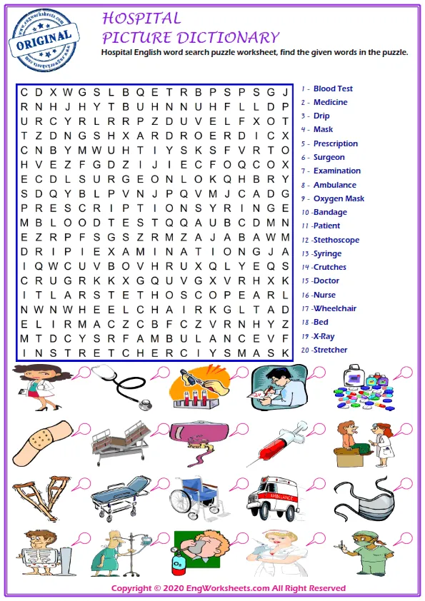 Hospital English word search puzzle worksheet, find the given words in the puzzle.