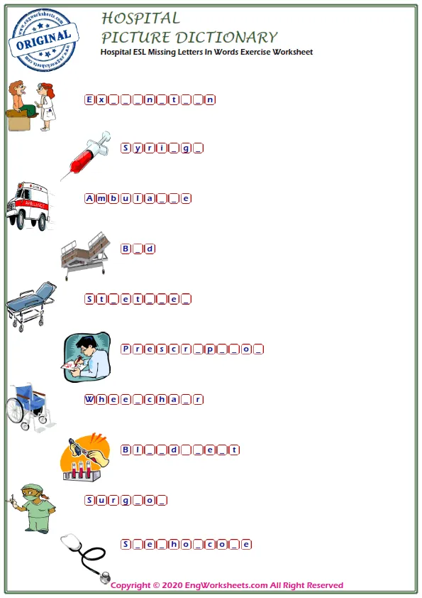 Hospital ESL Missing Letters In Words Exercise Worksheet Worksheet Preview