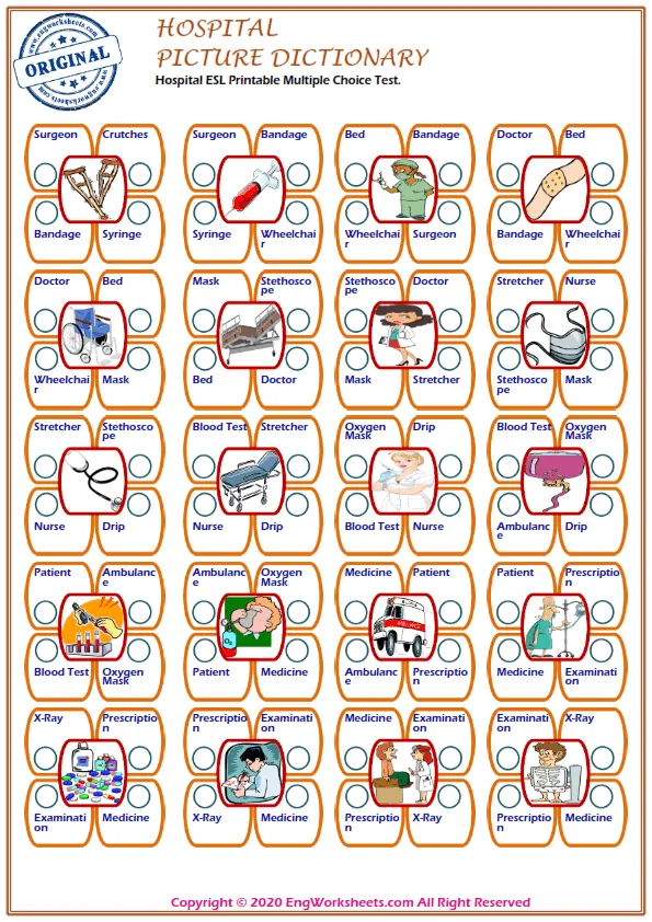Hospital ESL Printable Multiple Choice Test. Worksheet Preview