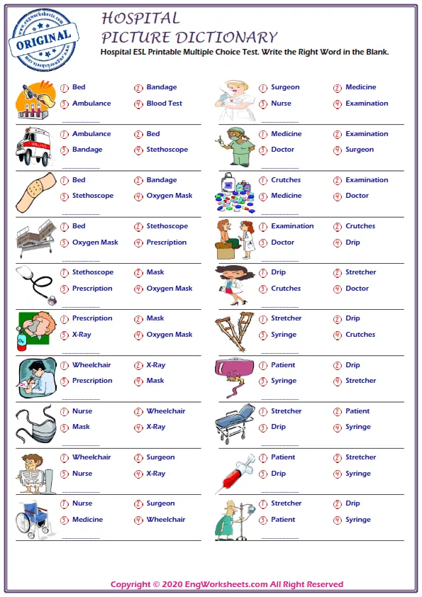 Hospital ESL Printable Multiple Choice Test. Write the Right Word in the Blank.