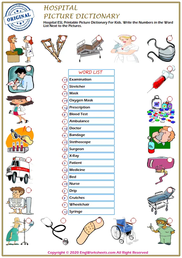 Hospital ESL Printable Picture Dictionary For Kids. Write the Numbers in the Word List Next to the Pictures.