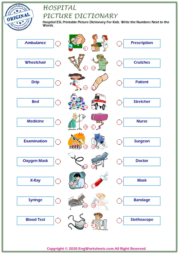 Hospital ESL Printable Picture Dictionary For Kids. Write the Numbers Next to the Words.