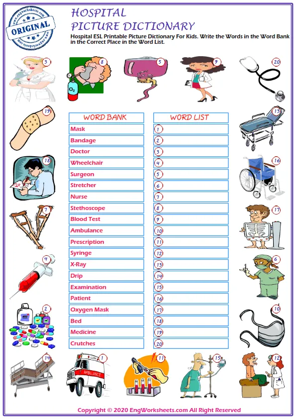 Hospital ESL Printable Picture Dictionary For Kids. Write the Words in the Word Bank in the Correct Place in the Word List.