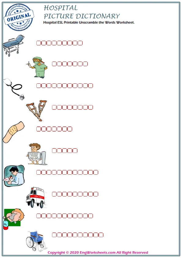 Hospital ESL Printable Unscramble the Words Worksheet. Worksheet Preview