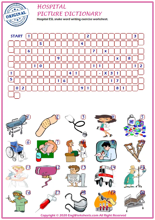 Hospital ESL snake word writing exercise worksheet.