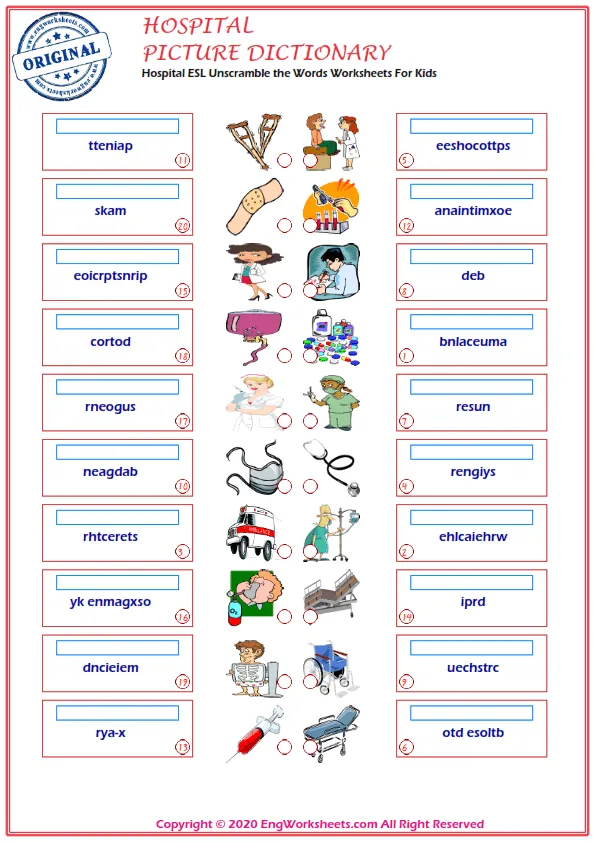 Hospital ESL Unscramble the Words Worksheets For Kids