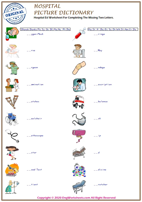 Hospital Esl Worksheet For Completing The Missing Two Letters.