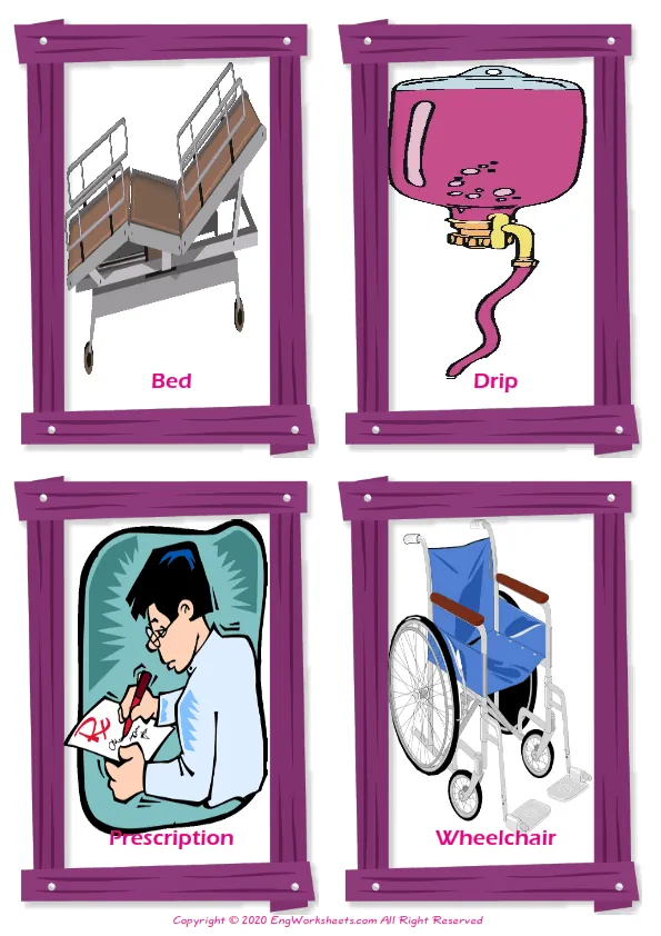 Hospital vocabulary worksheet with words, four images per page