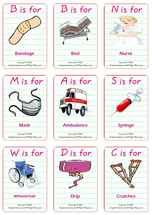 Hospital vocabulary worksheet with words, nine images per page Worksheet Preview