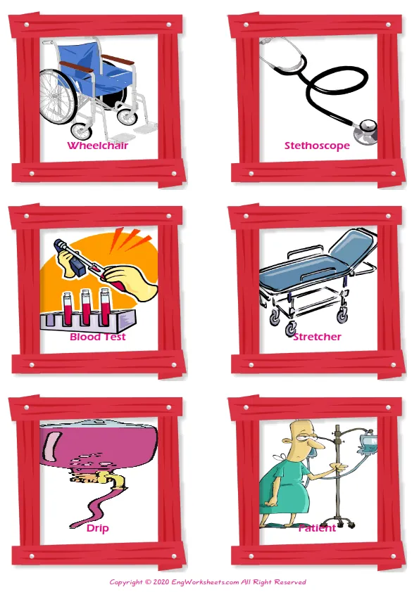 Hospital vocabulary worksheet with words, six images per page