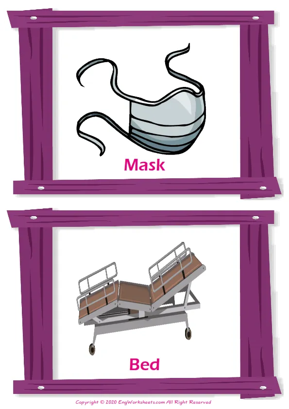 Hospital vocabulary worksheet with words, two images per page